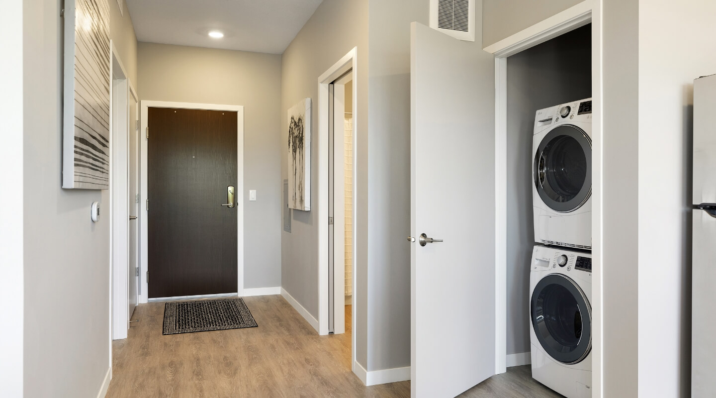 Entryway with modern laundry appliances in a closet.